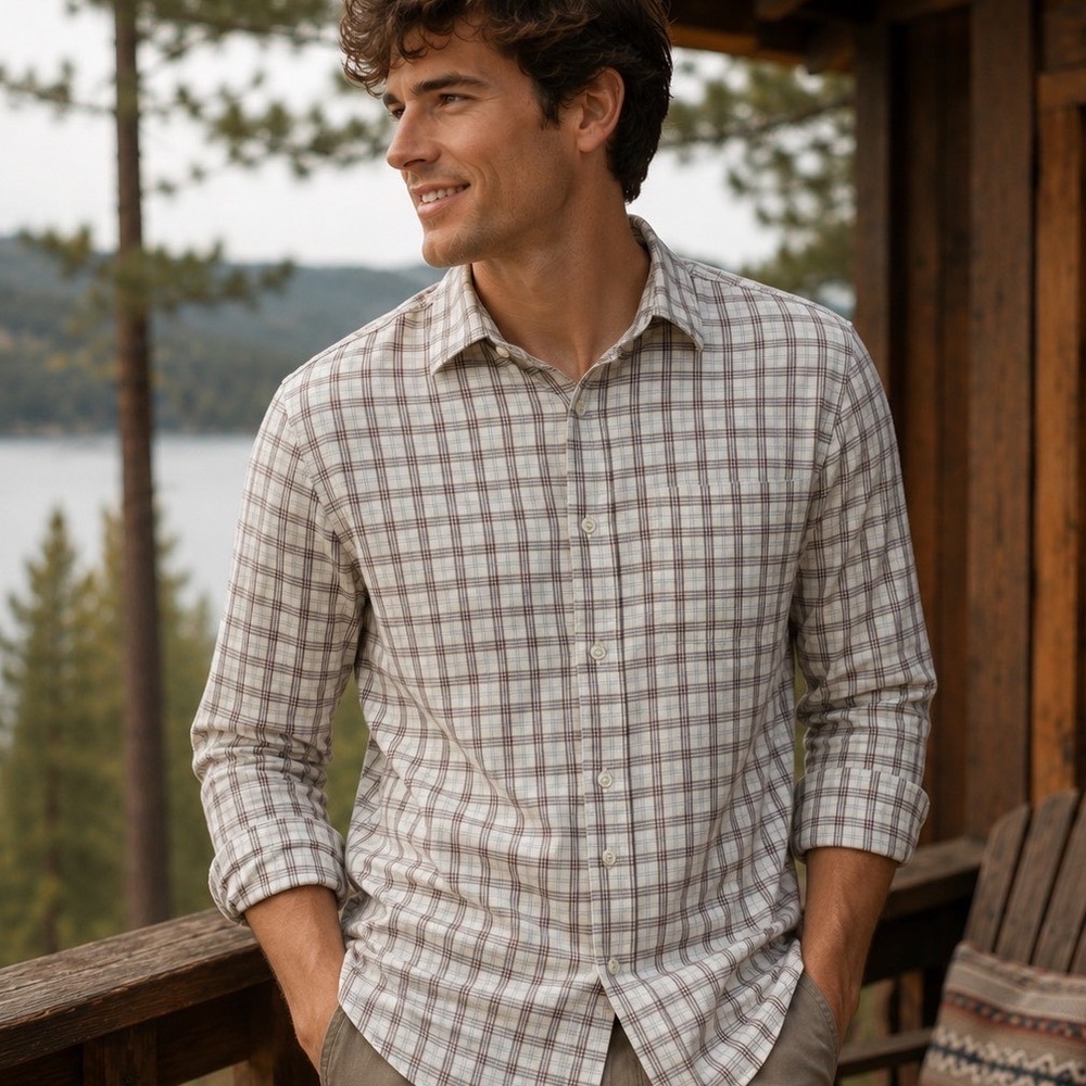 Mizzen+Main Leeward Shirt Mens XL Cream Brown Plaid Performance Stretch 1WS-0853